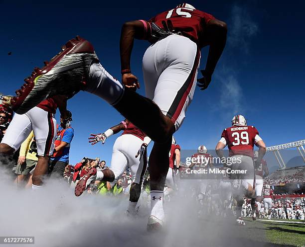 The South Carolina Gamecocks take the field for their game against the Massachusetts Minutemen at Williams-Brice Stadium on October 22, 2016 in...