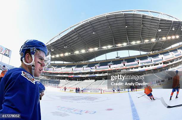 Connor McDavid of the Edmonton Oilers attends practice for the 2016 Tim Hortons NHL Heritage Classic at Investors Group Field on October 22, 2016 in...