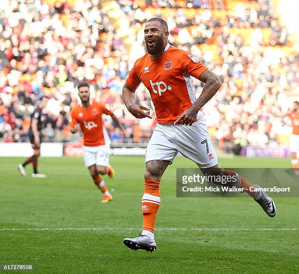 Blackpool's Kyle Vassell celebrates scoring his sides fourth goal during the Sky Bet League Two match between Blackpool and Doncaster Rovers at...