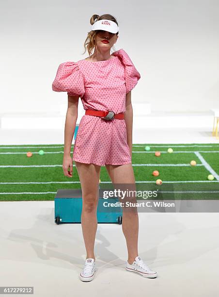 Model walks the runway during the Mrs. Keepa Presentation at Fashion Forward Spring/Summer 2017 held at the Dubai Design District on October 22, 2016...