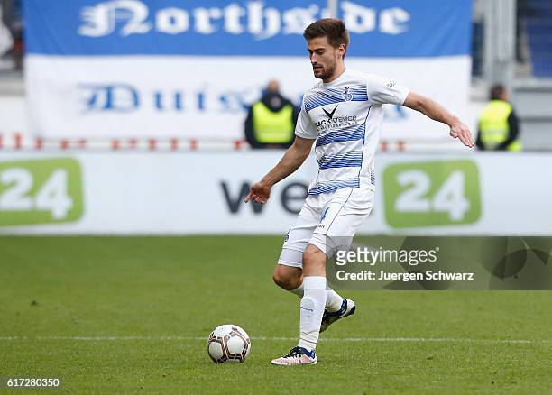 Dustin Bomheur of Duisburg controls the ball during the third league match between MSV Duisburg and Hansa Rostock at Schauinsland-Reisen-Arena on...