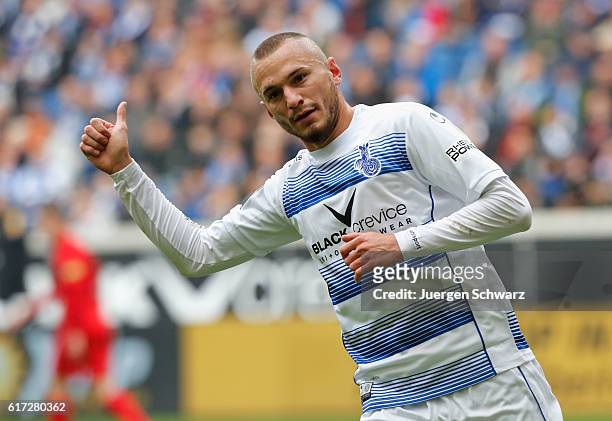 Simon Brandstetter of Duisburg lifts his thumb during the third league match between MSV Duisburg and Hansa Rostock at Schauinsland-Reisen-Arena on...