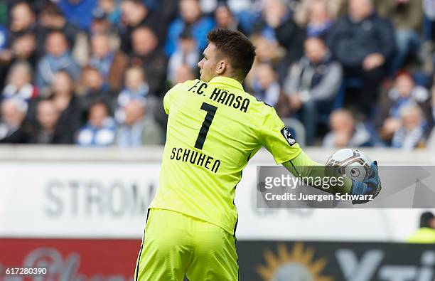 Goalkeeper Marcel Schuhen of Rostock throws the ball during the third league match between MSV Duisburg and Hansa Rostock at...