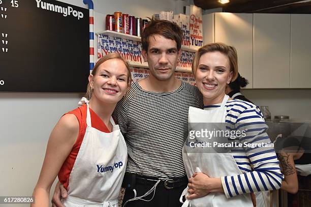 Victoria Chevalier, Romain Dauriac and Scarlett Johansson attend the opening of the Yummy Pop shop where Scarlett Johansson opens the new store Yummy...