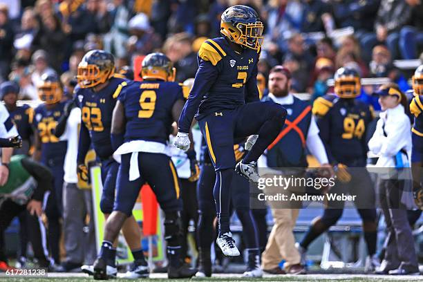 Defensive back Connery Swift celebrates after intercepting a pass against the Central Michigan Chippewas at Glass Bowl on October 22, 2016 in Toledo,...