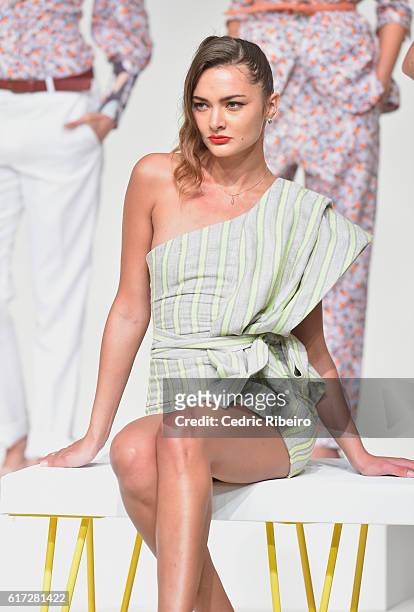 Model walks the runway during the Mrs. Keepa Presentation at Fashion Forward Spring/Summer 2017 held at the Dubai Design District on October 22, 2016...