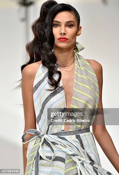 Model walks the runway during the Mrs. Keepa Presentation at Fashion Forward Spring/Summer 2017 held at the Dubai Design District on October 22, 2016...