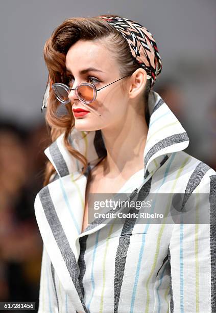 Model walks the runway during the Mrs. Keepa Presentation at Fashion Forward Spring/Summer 2017 held at the Dubai Design District on October 22, 2016...