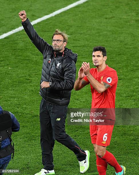 Jurgen Klopp Manager Dejan Lovren of Liverpool at the end of the Premier League match between Liverpool and West Bromwich Albion at Anfield on...
