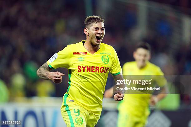 Emiliano Sala of Nantes jubilates as he scores the first goal during the Ligue 1 match between FC Nantes and Stade Rennais at Stade de la Beaujoire...