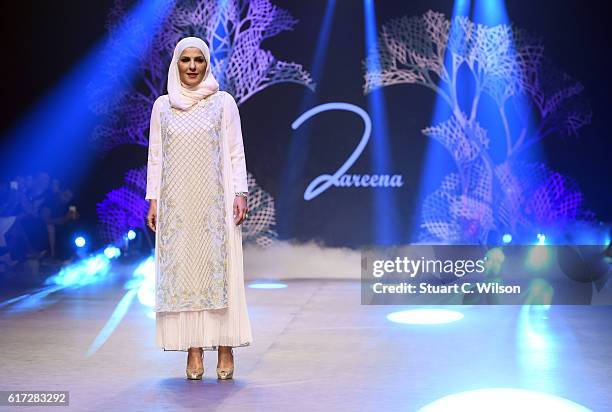 Fashion designer Zareena on the runway after her show at Fashion Forward Spring/Summer 2017 held at the Dubai Design District on October 22, 2016 in...