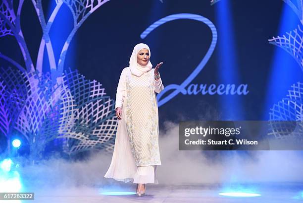 Fashion designer Zareena on the runway after her show at Fashion Forward Spring/Summer 2017 held at the Dubai Design District on October 22, 2016 in...