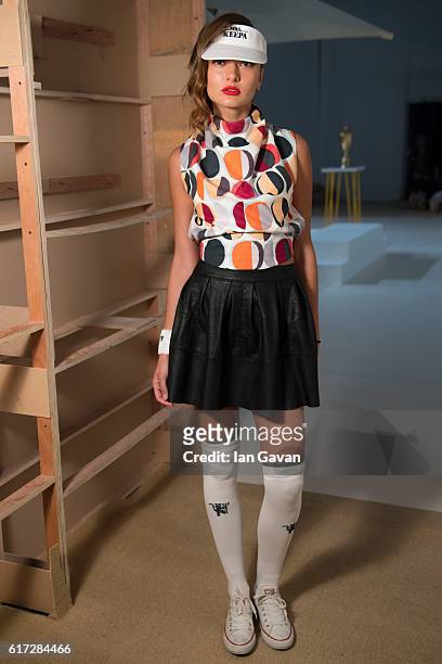 Model backstage ahead of the Mrs. Keepa presentation during Fashion Forward Spring/Summer 2017 at the Dubai Design District on October 22, 2016 in...