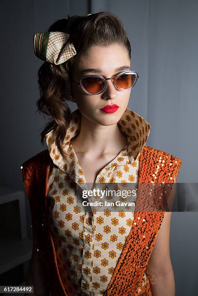 Model backstage ahead of the Mrs. Keepa presentation during Fashion Forward Spring/Summer 2017 at the Dubai Design District on October 22, 2016 in...