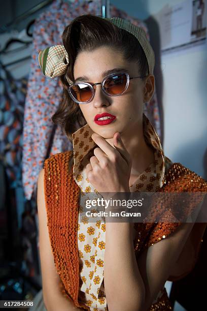 Model backstage ahead of the Mrs. Keepa presentation during Fashion Forward Spring/Summer 2017 at the Dubai Design District on October 22, 2016 in...