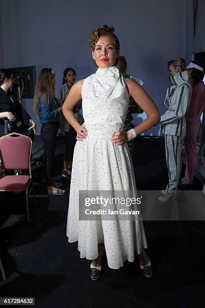 Natalia Shustova backstage ahead of the Mrs. Keepa presentation during Fashion Forward Spring/Summer 2017 at the Dubai Design District on October 22,...