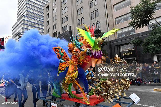 View of "Alebrijes" -Mexican folk art traditional sculptures representing fantastical creatures - during the tenth Monumental "Alebrijes" Parade and...