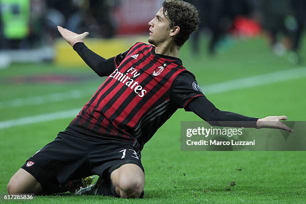 Manuel Locatelli of AC Milan celebrates after scoring the opening goal during the Serie A match between AC Milan and Juventus FC at Stadio Giuseppe...