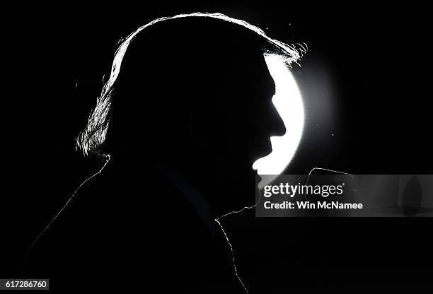 Republican presidential candidate Donald Trump delivers remarks while campaigning at Regent University October 22, 2016 in Virginia Beach, Virginia....