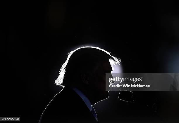 Republican presidential candidate Donald Trump delivers remarks while campaigning at Regent University October 22, 2016 in Virginia Beach, Virginia....