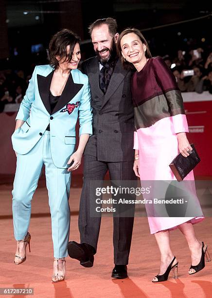 Kristin Scott Thomas, Juliette Binoche, Ralph Fiennes walk a red carpet for 'The English Patient - Il Paziente Inglese' during the 11th Rome Film...