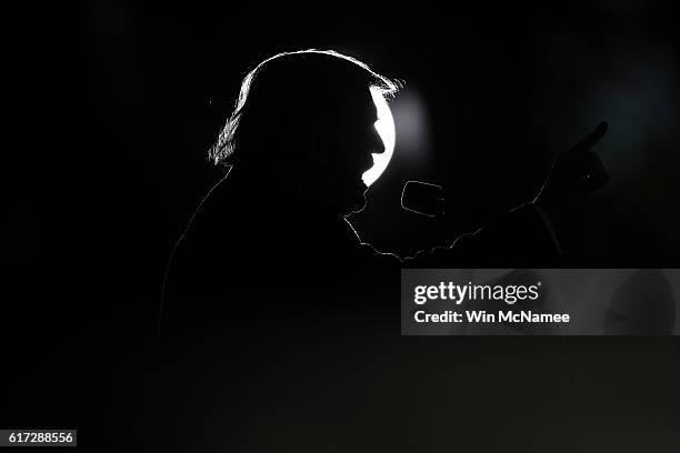 Republican presidential candidate Donald Trump delivers remarks while campaigning at Regent University October 22, 2016 in Virginia Beach, Virginia....