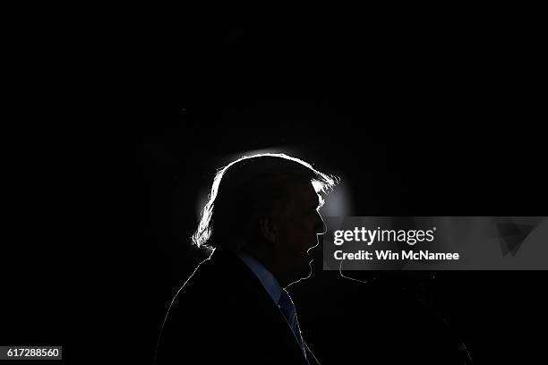 Republican presidential candidate Donald Trump delivers remarks while campaigning at Regent University October 22, 2016 in Virginia Beach, Virginia....