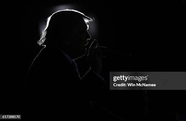 Republican presidential candidate Donald Trump delivers remarks while campaigning at Regent University October 22, 2016 in Virginia Beach, Virginia....