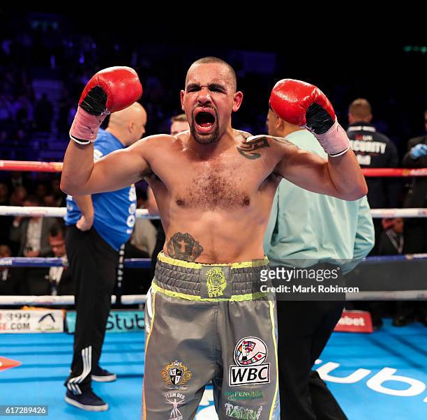 Craig Cunningham Of England celebrates beating Anthony Ogogo Of England during their WBC International Middleweight title fight at Barclaycard Arena...