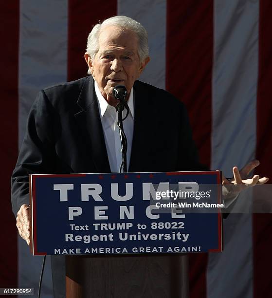 Regent University chancellor and CEO Pat Robertson delivers remarks at a campaign event for Republican presidential candidate Donald Trump at Regent...