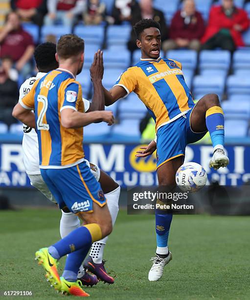 Ivan Toney of Shrewsbury Town attempts to control the ball during the Sky Bet League One match between Shrewsbury Town and Northampton Town at...