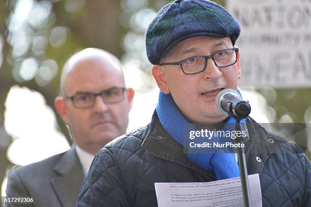 Wael Aleji, Doctor and UK Representative for the Syrian Network for Human Rights, speaks at the 'Rally for Aleppo' outside Downing Street on October...