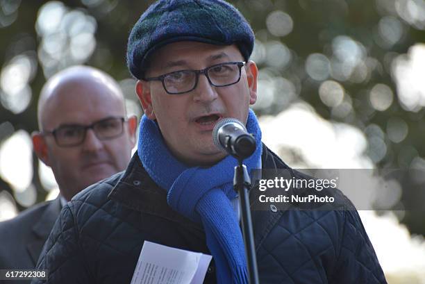 Wael Aleji, Doctor and UK Representative for the Syrian Network for Human Rights, speaks at the 'Rally for Aleppo' outside Downing Street on October...