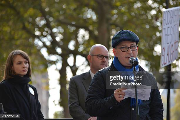 Wael Aleji, Doctor and UK Representative for the Syrian Network for Human Rights, speaks at the 'Rally for Aleppo' outside Downing Street on October...