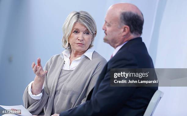 Martha Stewart and Jim Cramer of CNBC speak during the Martha Stewart American Made Summit at Martha Stewart Living Omnimedia Headquarters on October...