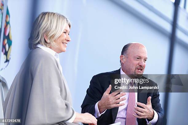 Martha Stewart and Jim Cramer of CNBC speak during the Martha Stewart American Made Summit at Martha Stewart Living Omnimedia Headquarters on October...