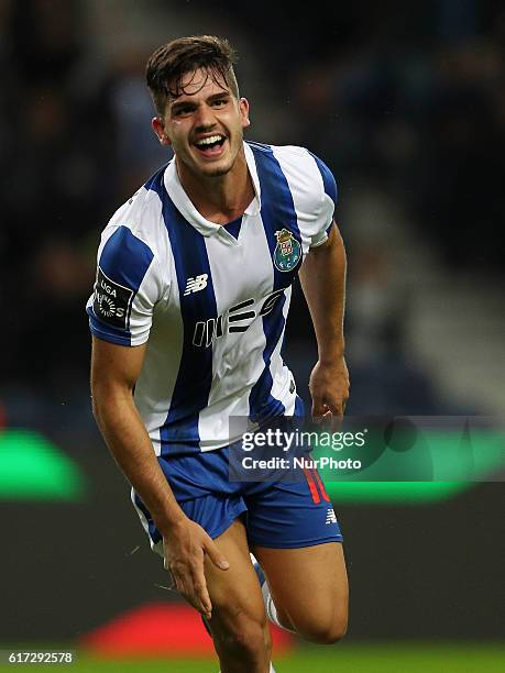 Porto's Portuguese forward Andre Silva celebrates after scoring a second goal during Premier League 2016/17 match between FC Porto and FC Arouca, at...