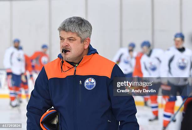 Todd McLellan head coach of the Edmonton Oilers skates in practice in advance of the 2016 Tim Hortons NHL Heritage Classic game at Investors Group...