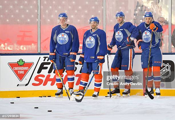 The Edmonton Oilers practice in advance of the 2016 Tim Hortons NHL Heritage Classic game at Investors Group Field on October 22, 2016 in Winnipeg,...