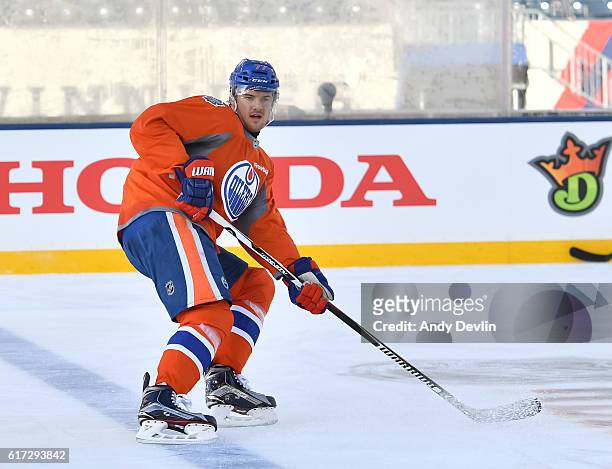 Oscar Klefbom of the Edmonton Oilers skates in practice in advance of the 2016 Tim Hortons NHL Heritage Classic game at Investors Group Field on...