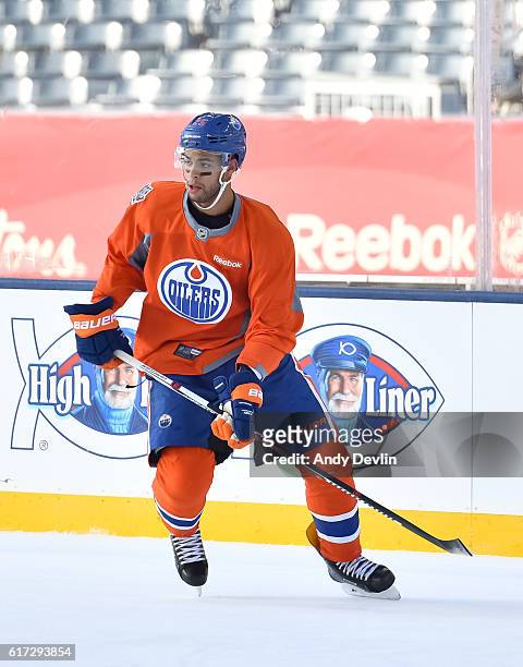 Darnell Nurse of the Edmonton Oilers skates in practice in advance of the 2016 Tim Hortons NHL Heritage Classic game at Investors Group Field on...