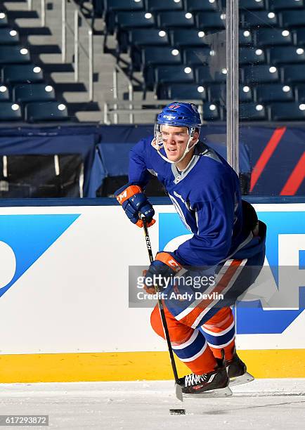 Connor McDavid of the Edmonton Oilers skates during practice in advance of the 2016 Tim Hortons NHL Heritage Classic game at Investors Group Field on...