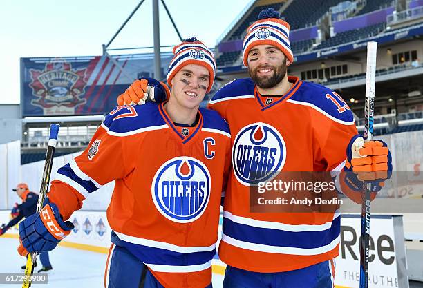 Connor McDavid and Patrick Maroon of the Edmonton Oilers pose for a photo during practice in advance of the 2016 Tim Hortons NHL Heritage Classic...