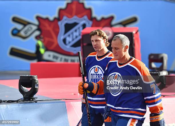 Ryan Smyth and Paul Coffey of the Edmonton Oilers alumni take to the ice in advance of the 2016 Tim Hortons NHL Heritage Classic alumni game at...