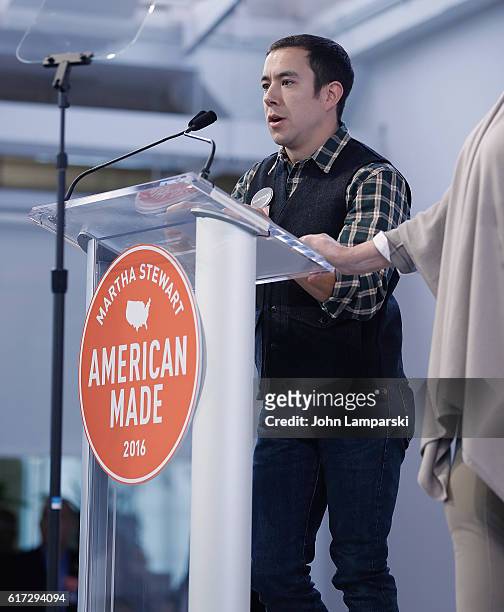 Dylan Knutson of Loki Fish Company speaks during the Martha Stewart American Made Summit at Martha Stewart Living Omnimedia Headquarters on October...