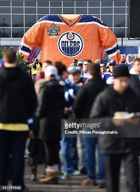 Fans take part in events at Spectator Plaza prior to the 2016 Tim Hortons NHL Heritage Classic alumni game at Investors Group Field on October 22,...