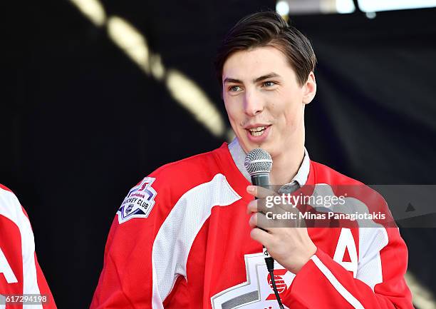 Ryan Nugent-Hopkins of the Edmonton Oilers is interviewed on stage in Spectator Plaza in advance of the 2016 Tim Hortons NHL Heritage Classic game at...