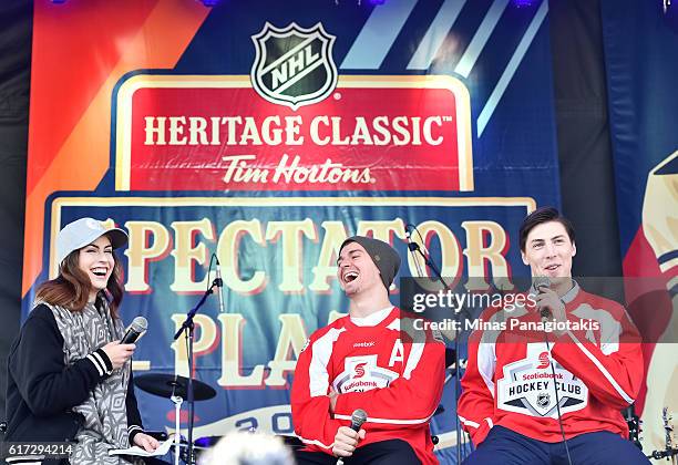 Mark Scheifele of the Winnipeg Jets and Ryan Nugent-Hopkins of the Edmonton Oilers are interviewed on stage in Spectator Plaza in advance of the 2016...