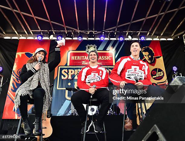 Mark Scheifele of the Winnipeg Jets and Ryan Nugent-Hopkins of the Edmonton Oilers are interviewed on stage in Spectator Plaza in advance of the 2016...