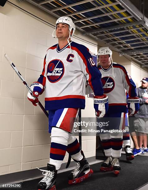 Dale Hawerchuk of the Winnipeg Jets alumni takes to the ice in advance of the 2016 Tim Hortons NHL Heritage Classic alumni game at Investors Group...